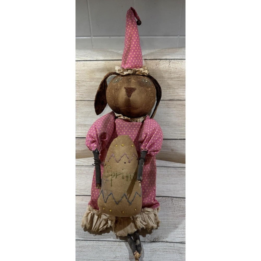 Primitive Grubby 16" Bunny Rabbit Spring Pink Hat & Dress Grunge Folk Art TubG